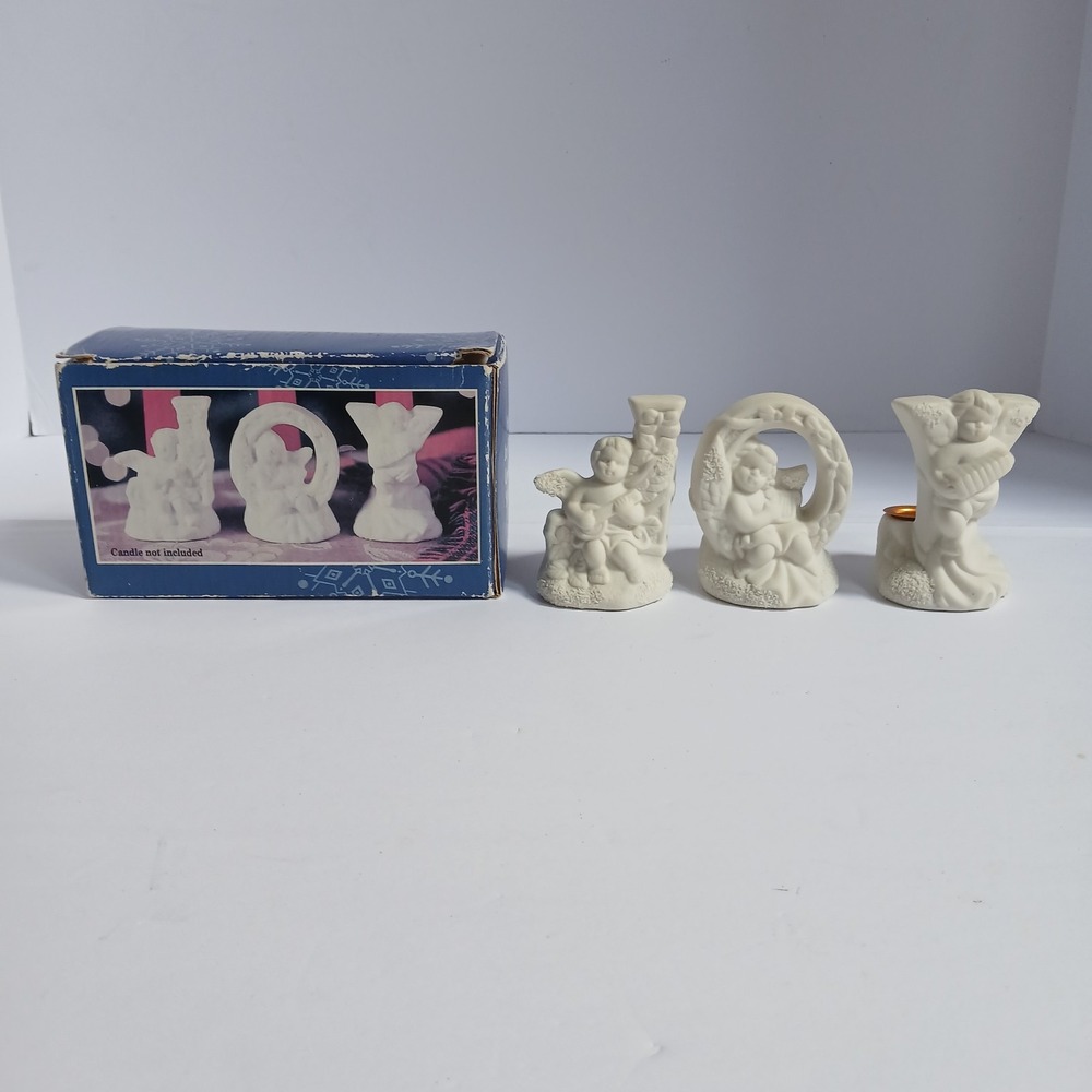 Vintage Holiday Joy Porcelain Angel Cherub Candle Holder Set of Three Christmas